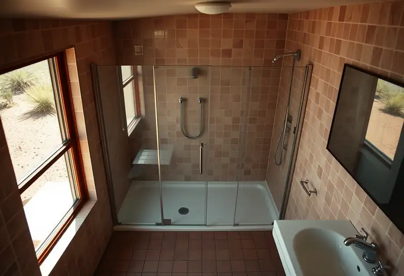 Illustration of bathroom with a walk-in glass shower and tiled walls in a 1961-era home